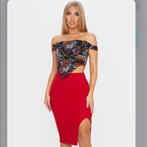 PLT Black Scarf Print Satin Corset Bardot Top